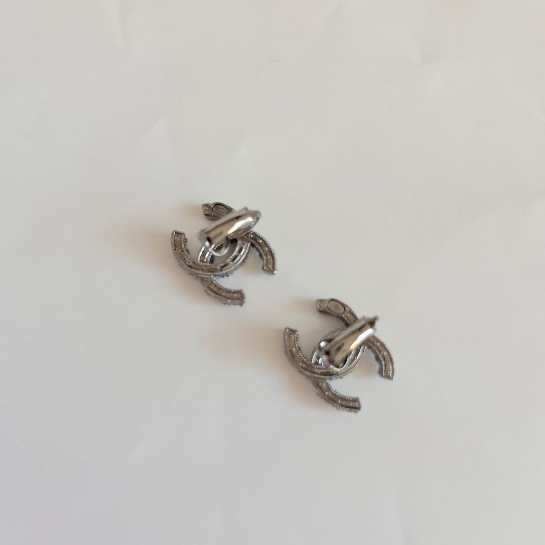 Chanel Grey Metal Crystal and Pearl Clip On Earrings