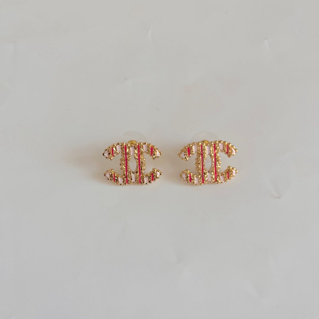 Chanel Gold Striped Textured Stud Earrings