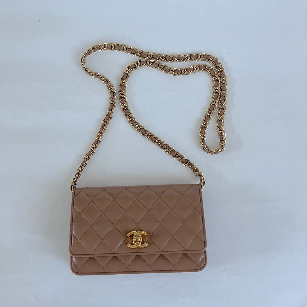 Chanel tan quilted leather wallet on chain crossbody bag