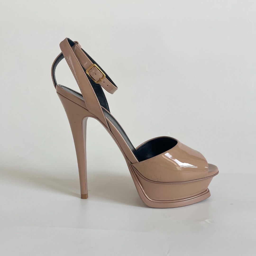 Saint Laurent nude patent leather platform 105 tribute peep toe
