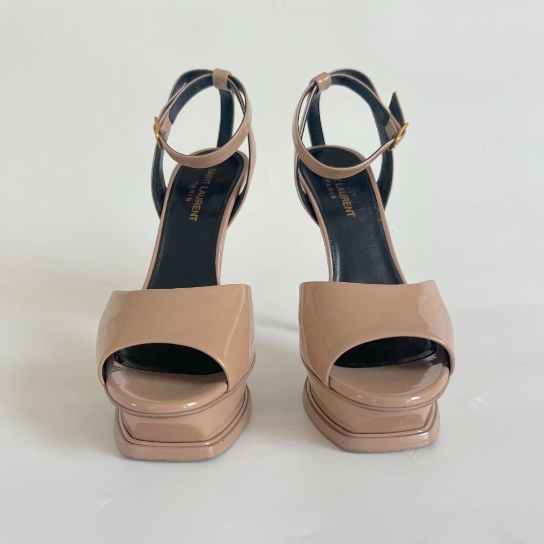 Saint Laurent nude patent leather platform 105 tribute peep toe sandal, 38