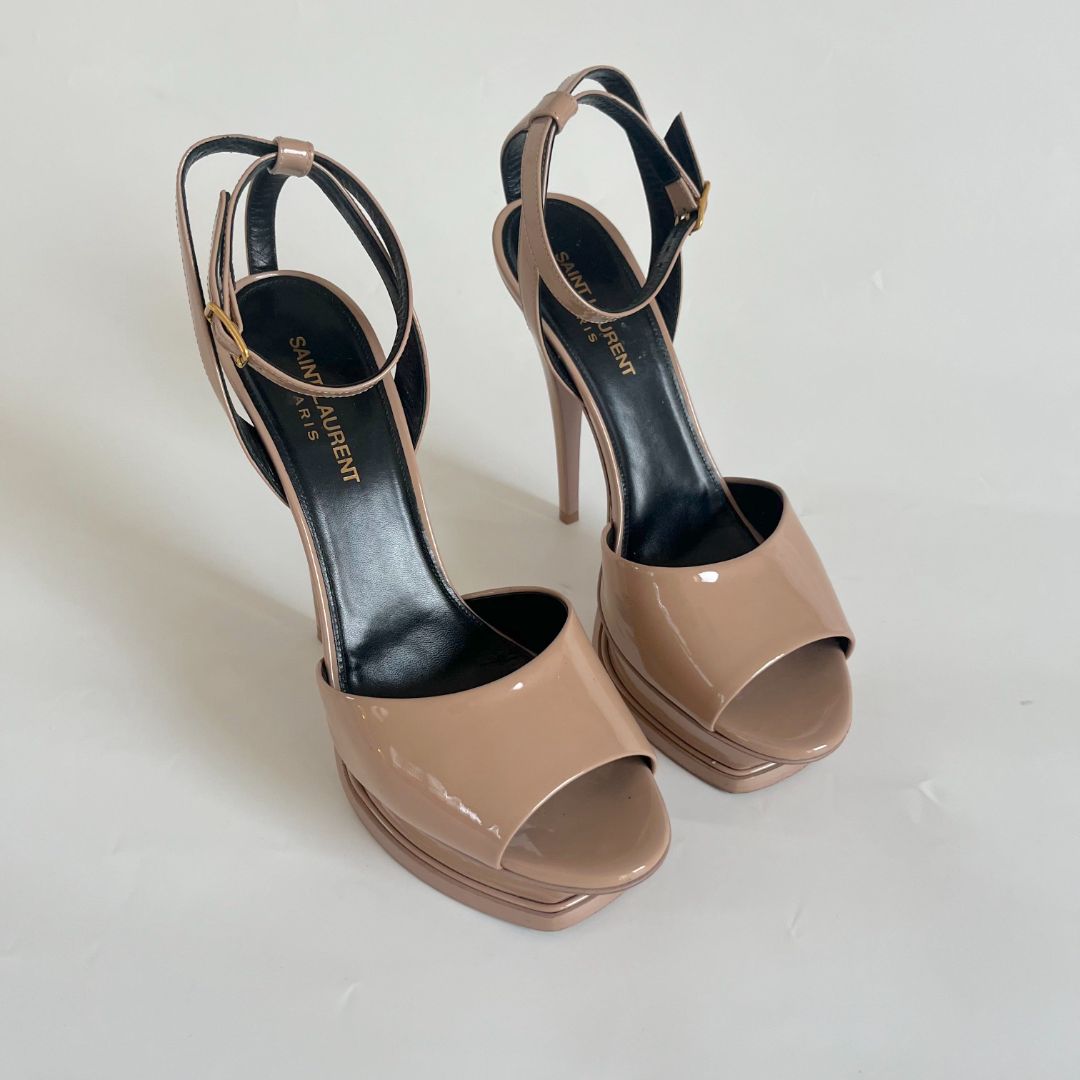 Saint Laurent nude patent leather platform 105 tribute peep toe sandal, 38