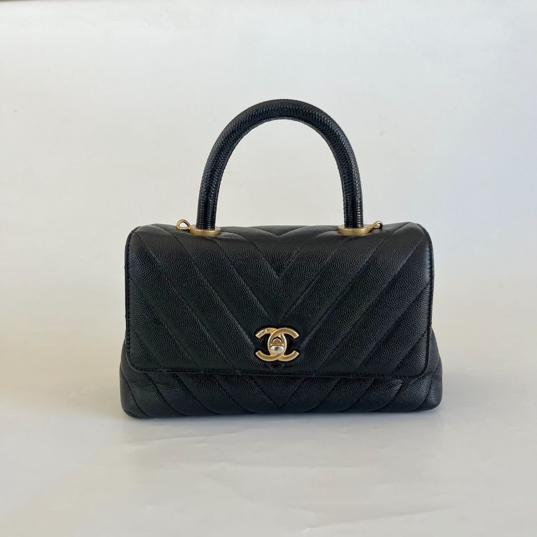 Chanel Coco Handle Black Chevron Hand Bag