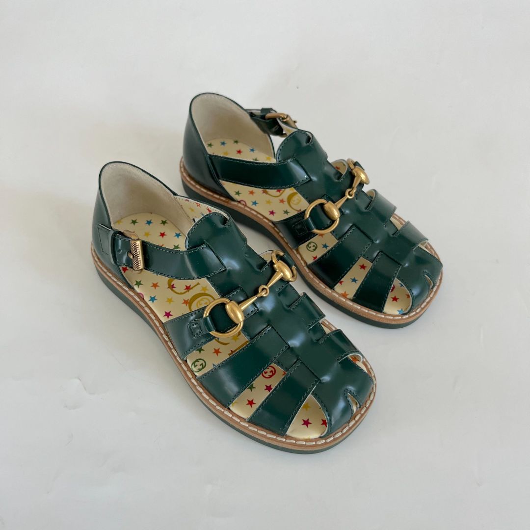 Gucci Green Leather Horsebit Sandals Children, size 27
