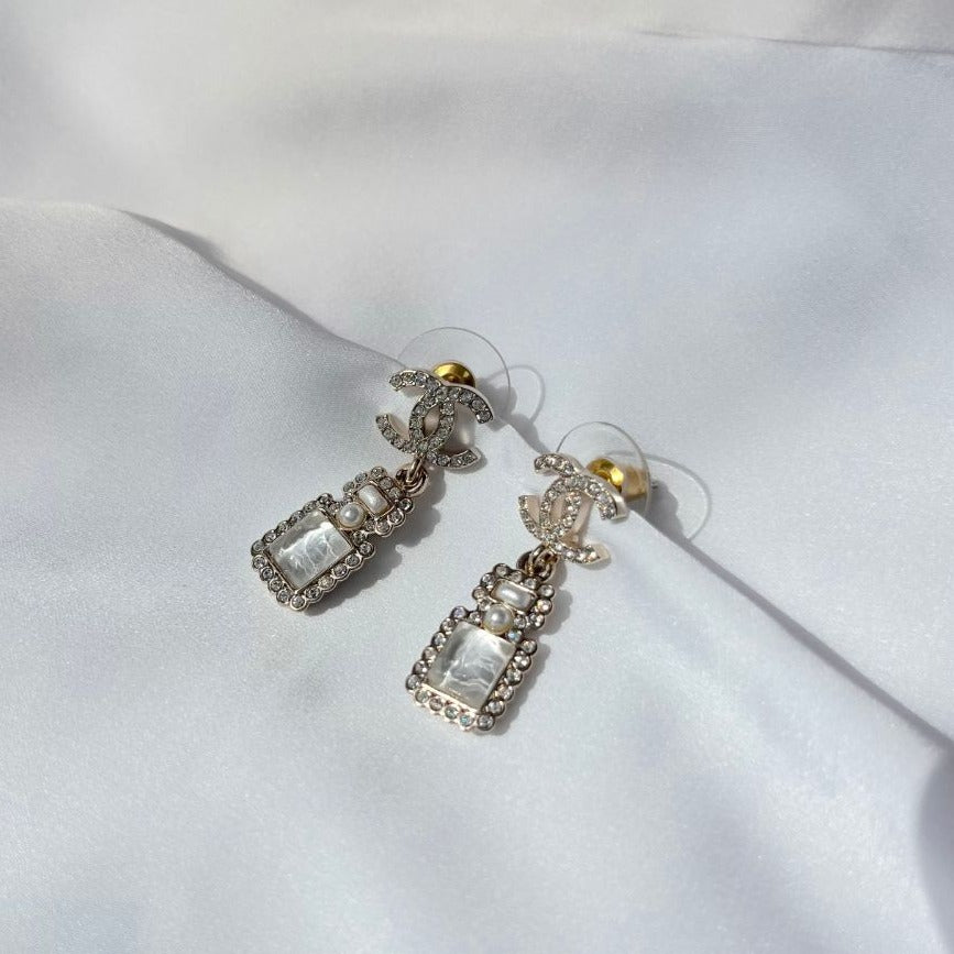 Chanel Light Gold Crystal and Glass Bottle Shaped CC Small Earrings
