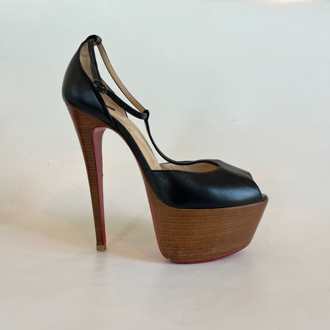 Christian Louboutin Black Leather Wooden Heel Double Platform