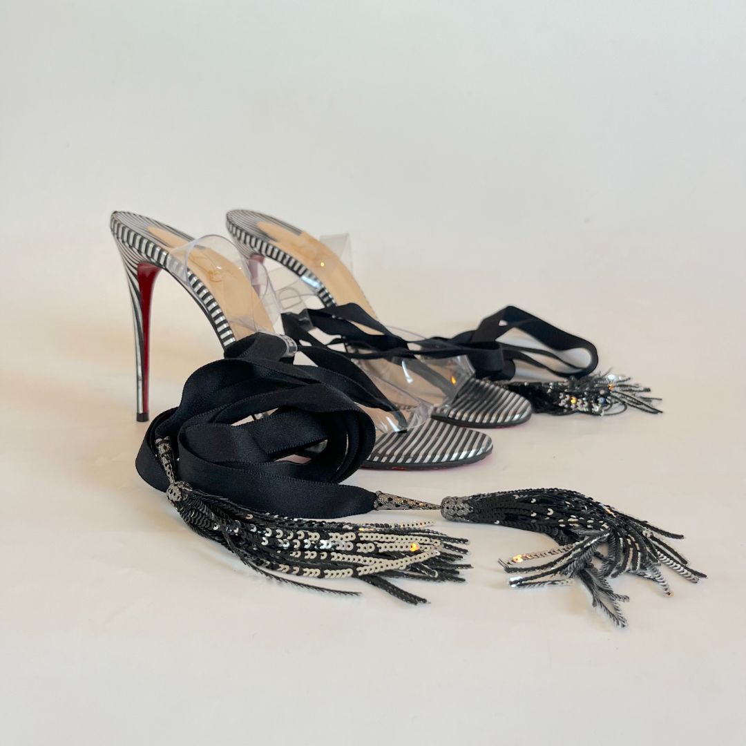 Christian Louboutin Silver/ Black Striped Sandal Heels, 40