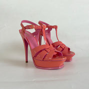 Saint Laurent Pink Tribute Patent Leather Sandal Heels, 39