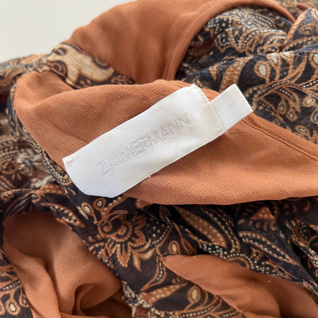 Zimmermann brown printed long sleeve ruffle detail mini dress