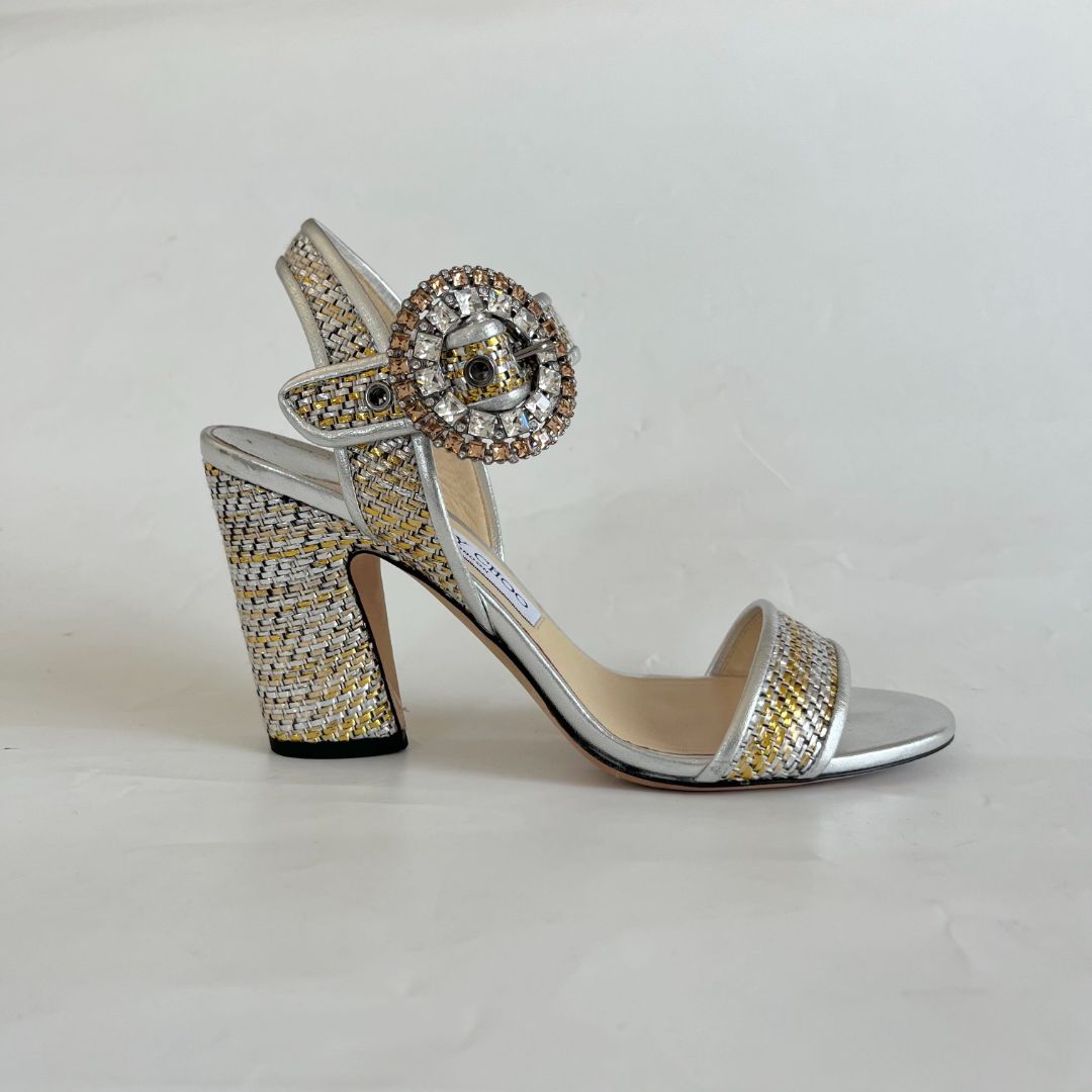 Jimmy Choo Metallic Silver/ Gold Woven Crystal Embellished Buckle Ankle Strap Block Heel Sandals, 38