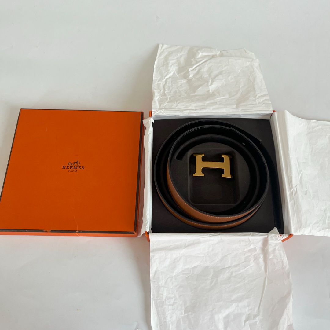 Hermès Black/Gold Box/Togo Leather H Buckle Reversible Belt 85CM