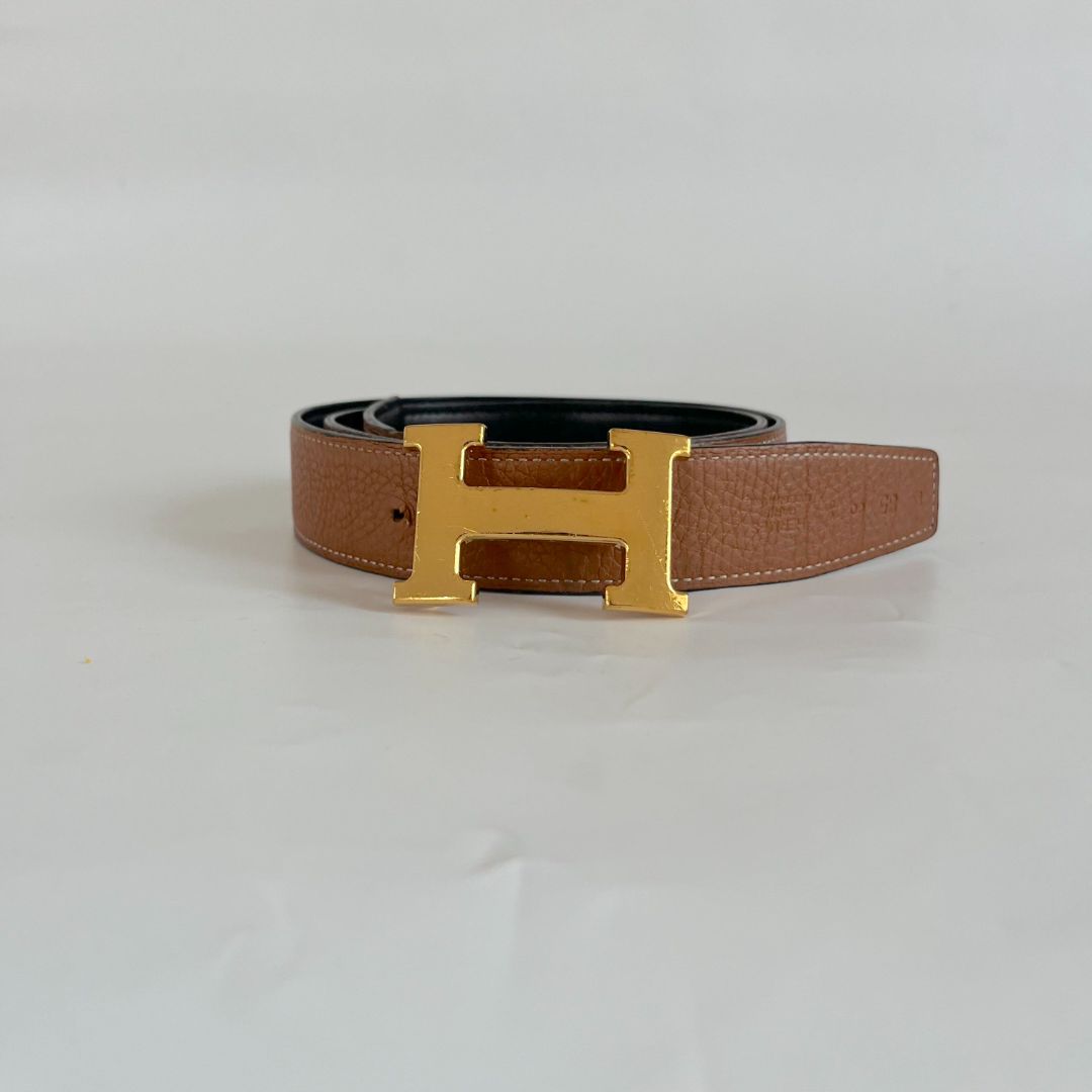 Hermès Black/Gold Box/Togo Leather H Buckle Reversible Belt  display picture 3