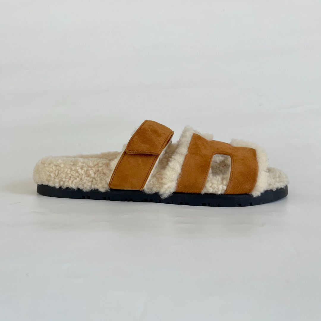 Hermès Shearling Suede Chypre Sandals, 38
