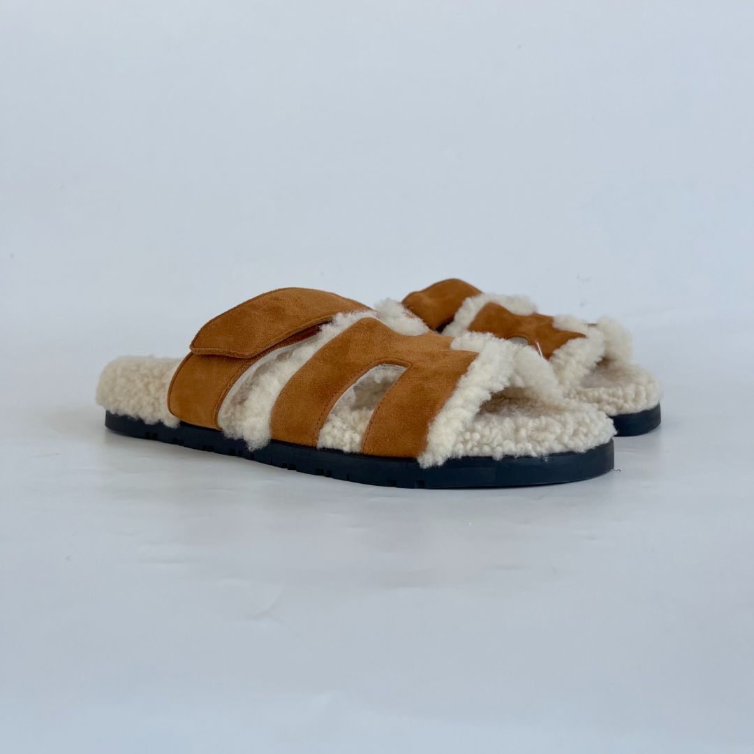 Hermès Shearling Suede Chypre Sandals, 38