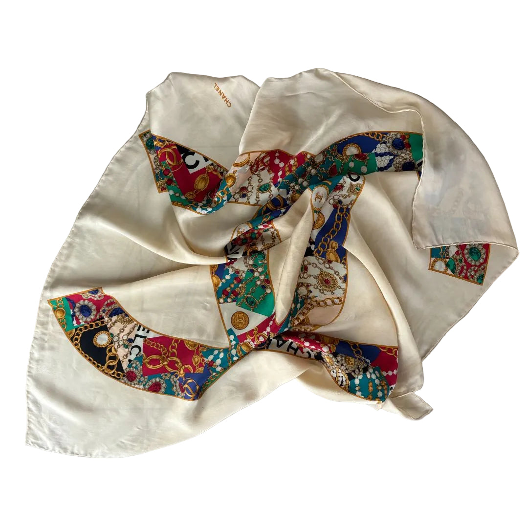 Chanel Vintage Chanel Bijoux CC Logo Silk Scarf – Ivory/Cream
