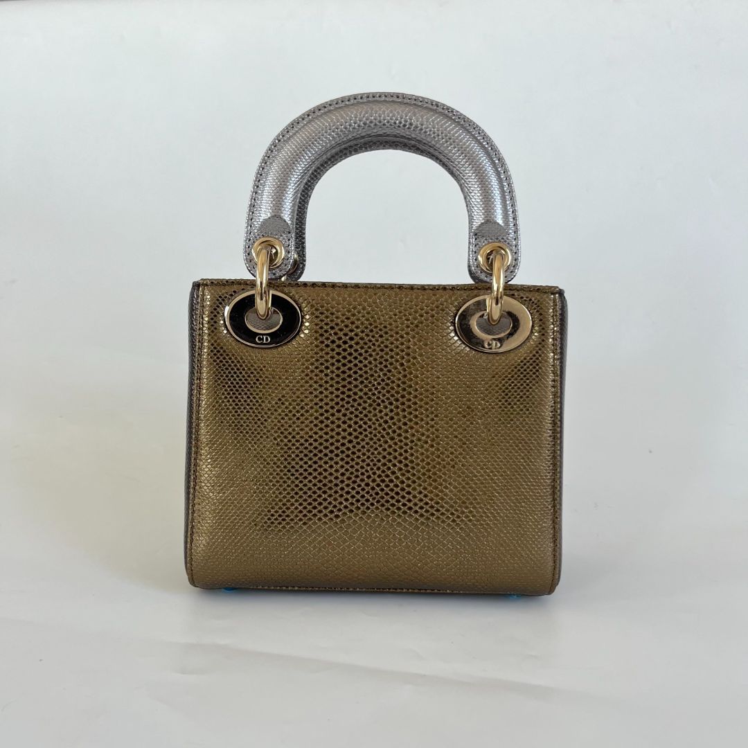 Dior Mini Lady Lizard Print Chain Shoulder Bag Metallic Gold