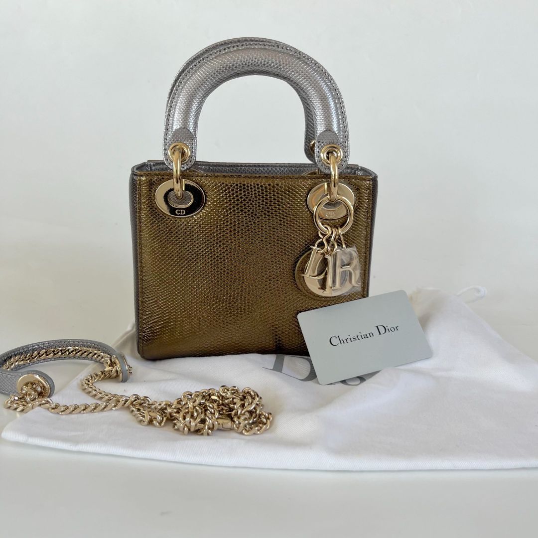Dior Mini Lady Lizard Print Chain Shoulder Bag Metallic Gold