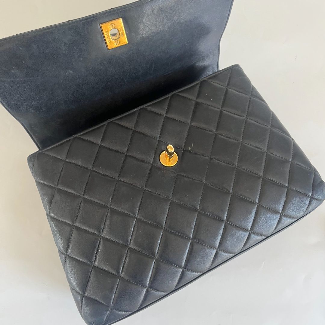 Chanel Black Quilted Caviar XL CC Jumbo Square Flap Gold Hardware, 1991-1994 (Very Good), Womens Handbag