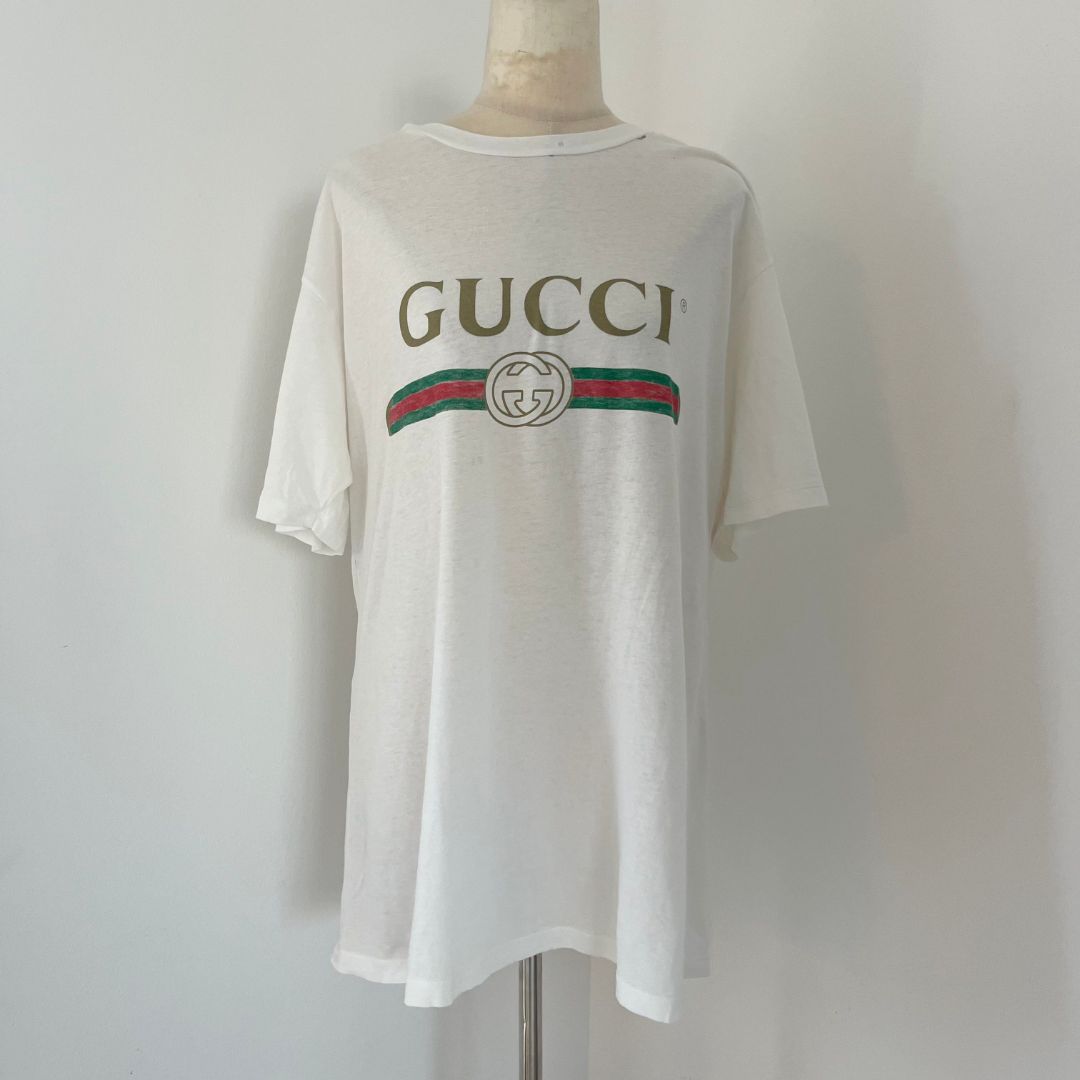 Gucci Oversized White Distressed Logo T Shirt, Small