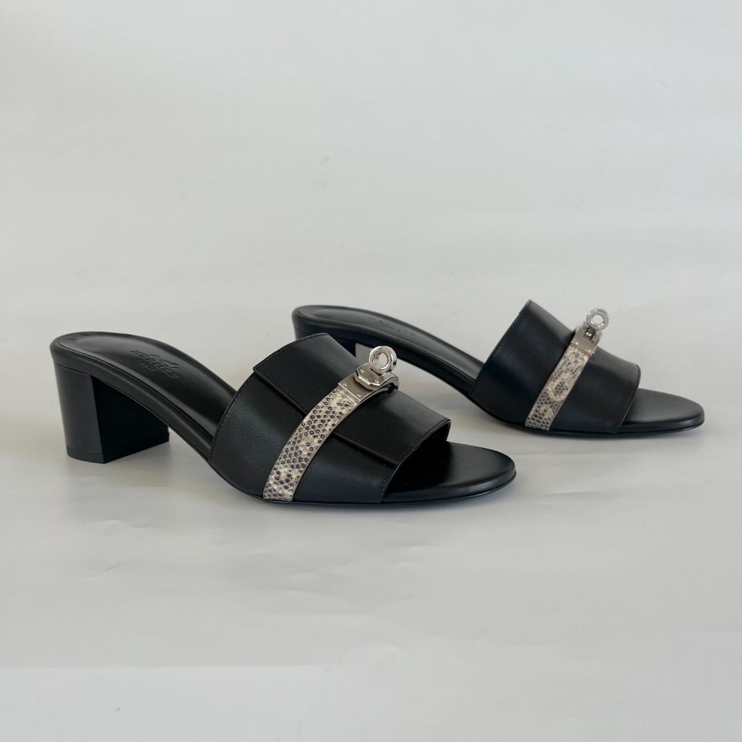 Hermès GiGi 50 high heel sandal in calfskin and Natura lizard, 37.5