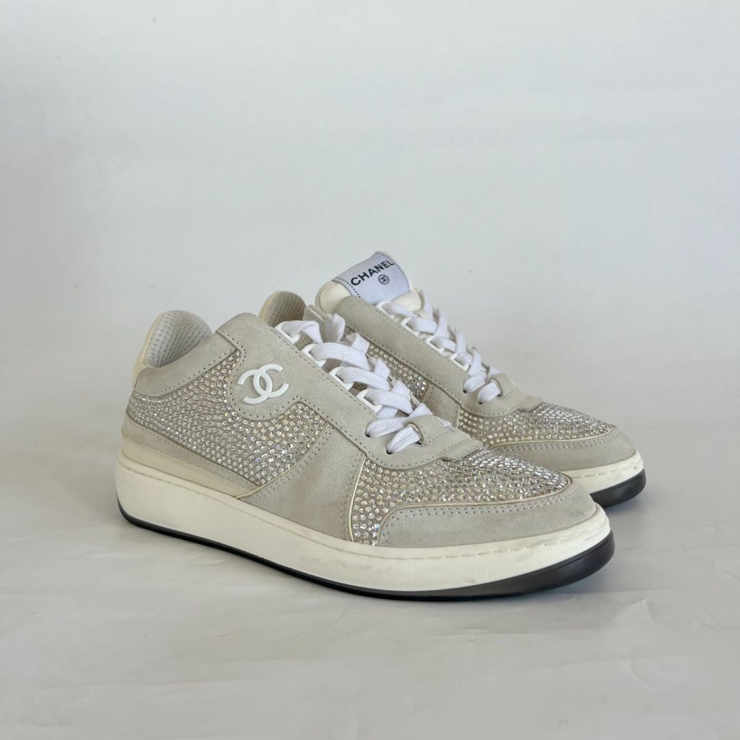 Chanel Calfskin Suede Crystal Womens CC Sneakers, 38