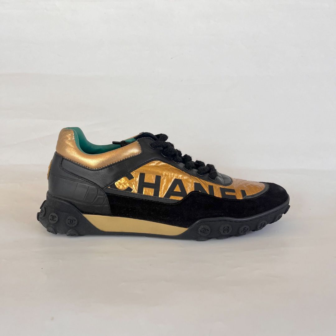 Chanel Black and Gold and Green Low Top Mens Sneakers, 45 BOPF