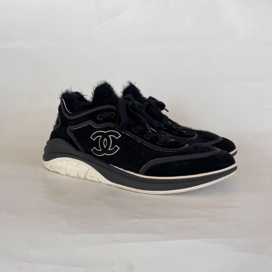 Chanel Black Tweed and Suede CC Lace-Up Fuzzy Sneakers