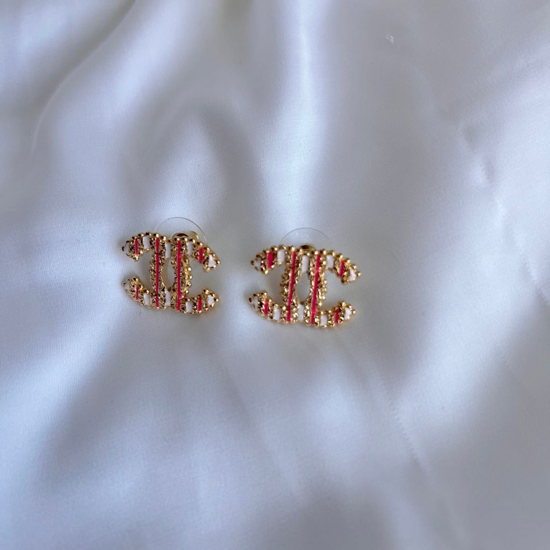 Chanel Gold Striped Textured CC Stud Earrings