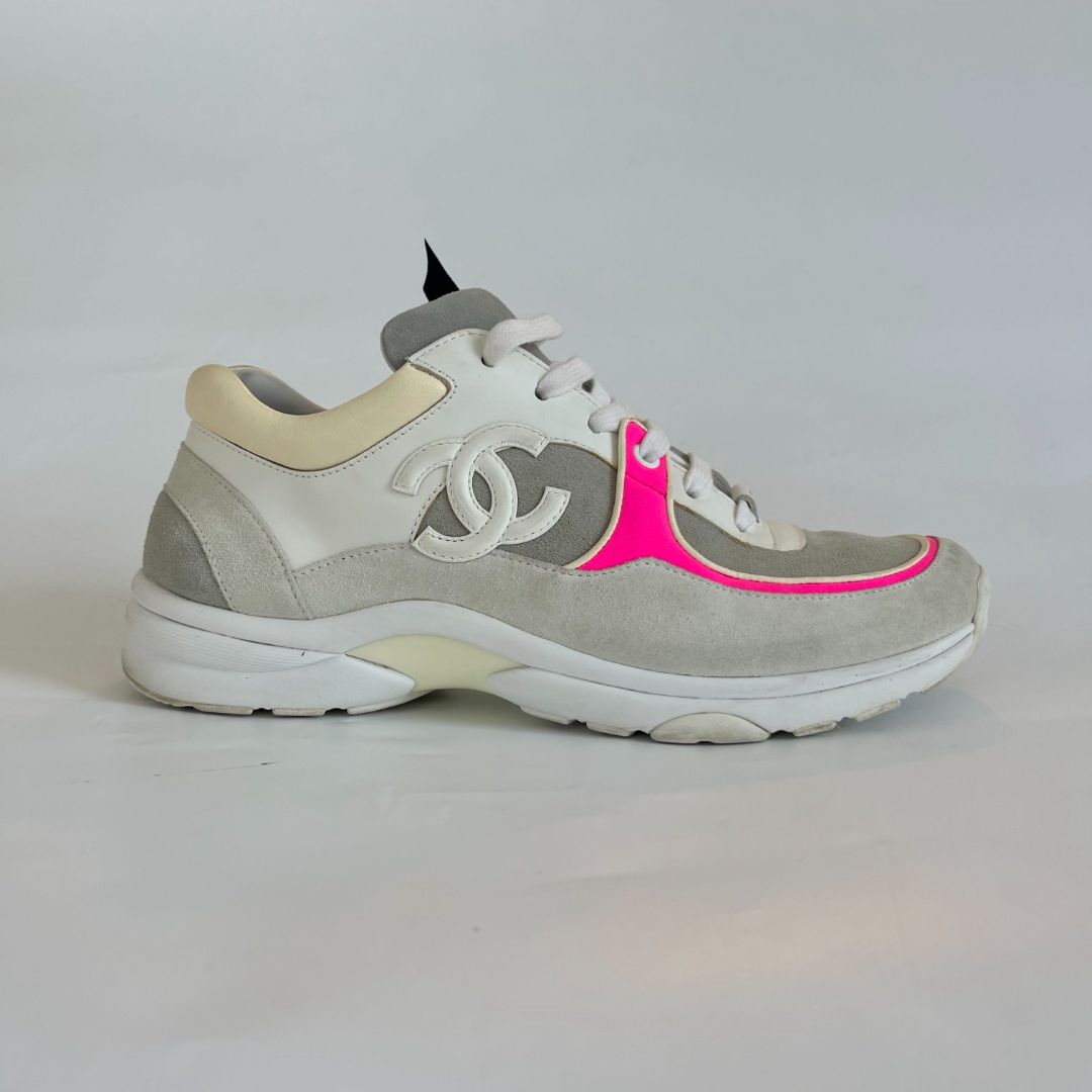 Chanel CC White and Pink Sneakers, 40