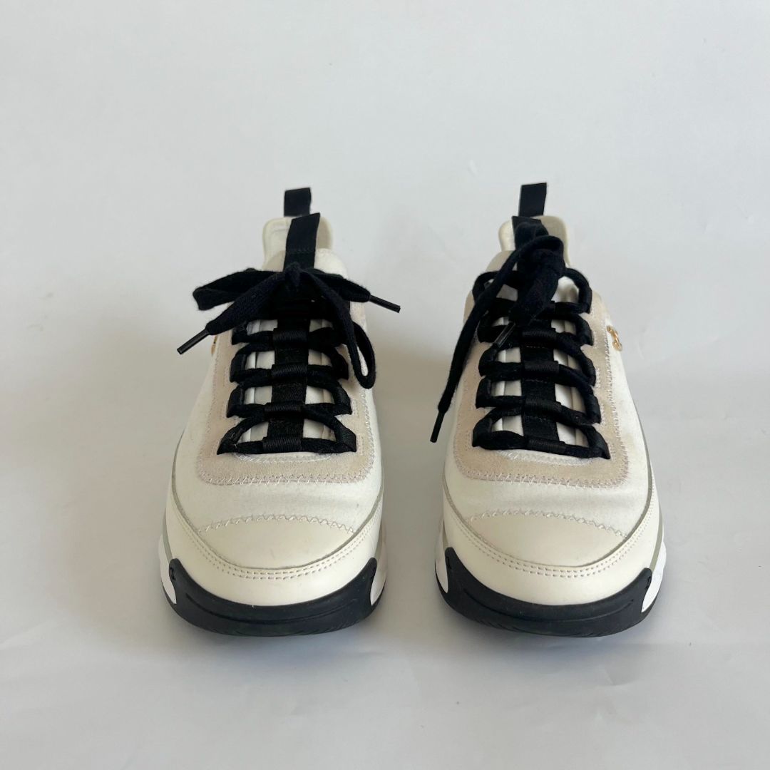 Chanel Tricolor Leather, Suede and Fabric CC Low Top Sneakers, 38.5