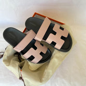 Hermes Black/Rose Cancan Chypre Leather Sandal, 38