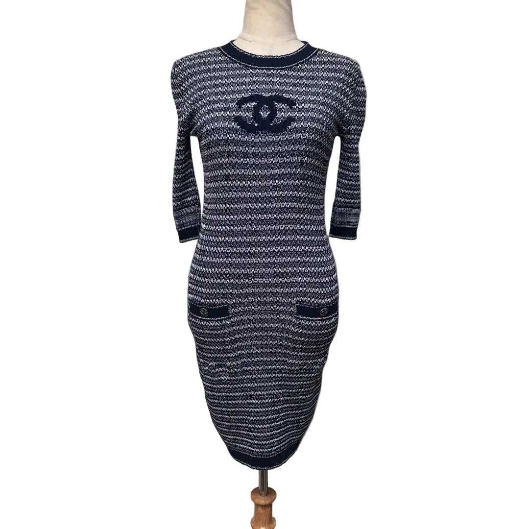 Chanel CC Logo Intarsia Knit Mini Dress Navy White
