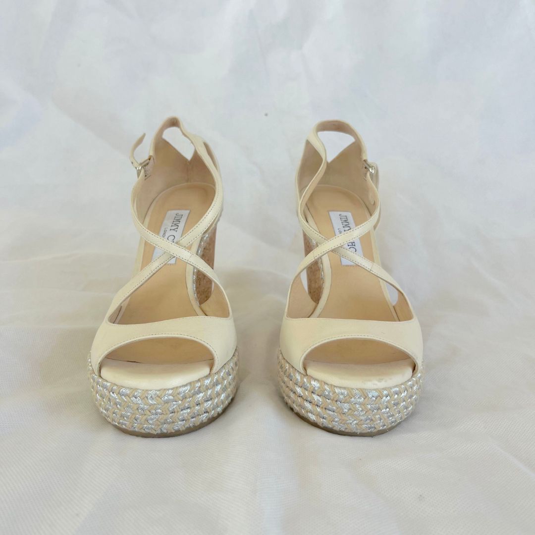 Jimmy Choo White Dakota Leather Espadrille Wedge Sandal