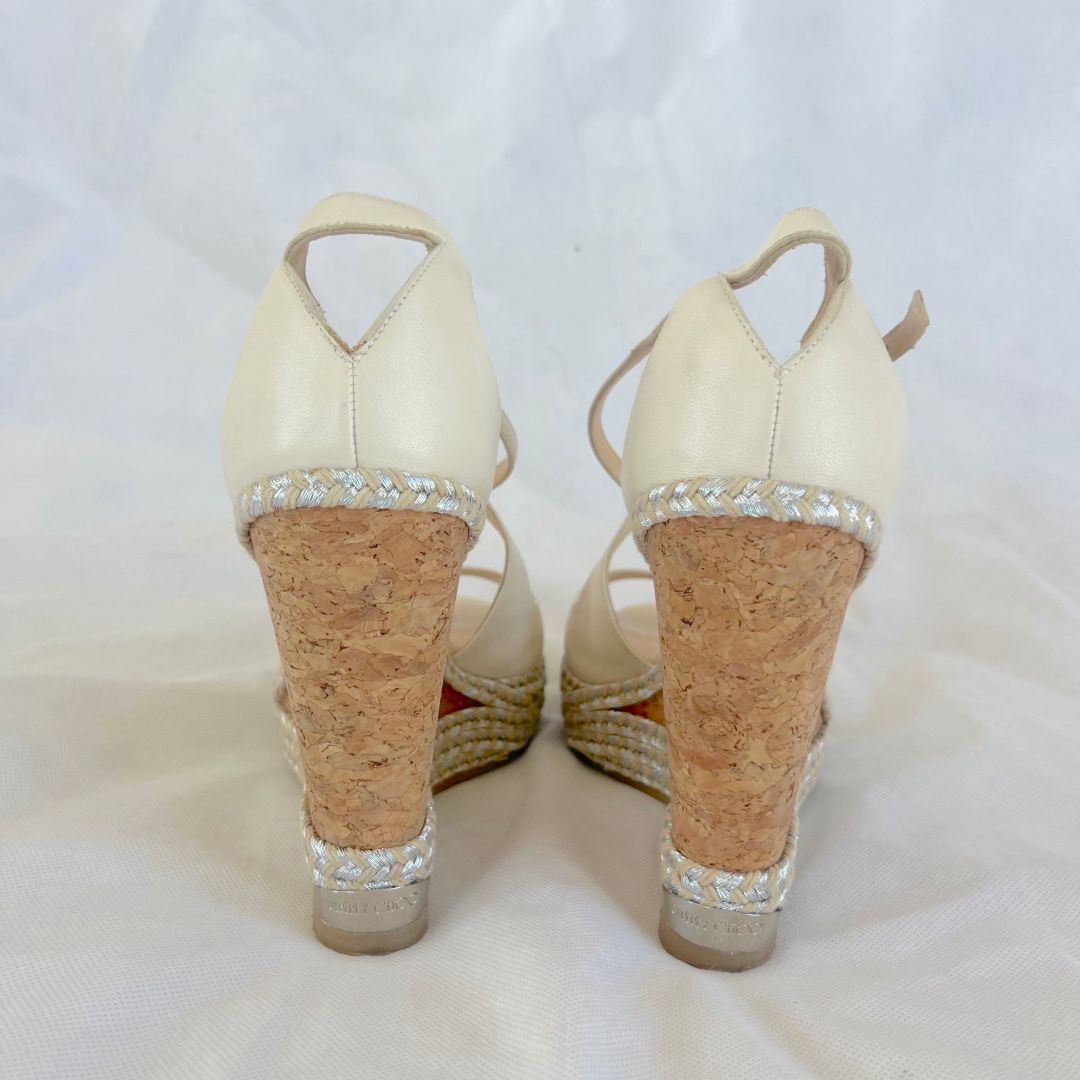 Jimmy Choo White Dakota Leather Espadrille Wedge Sandal