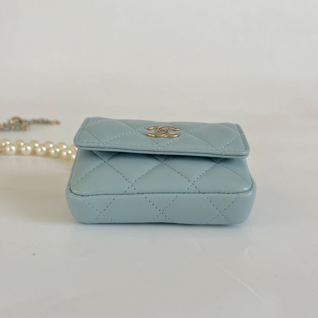 Chanel Light Blue Quilted Lambskin Pearl Chain Micro Belt Bag Gold Hardware, 2021