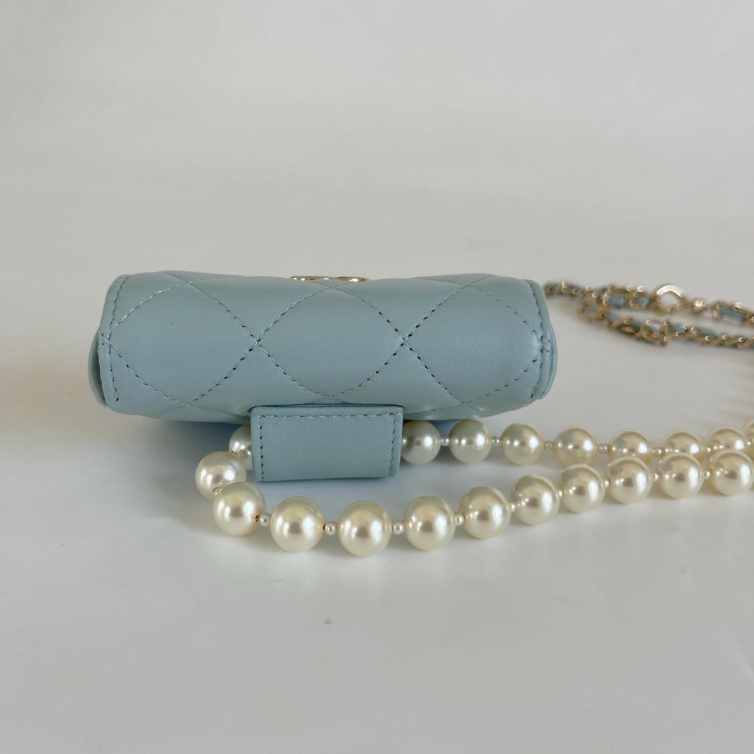 Chanel Light Blue Quilted Lambskin Pearl Chain Micro Belt Bag Gold Hardware, 2021