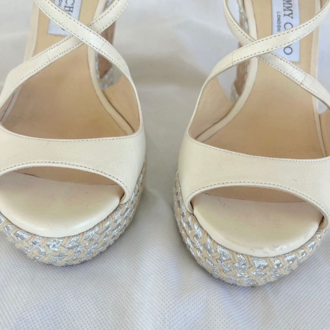 Jimmy Choo White Dakota Leather Espadrille Wedge Sandal