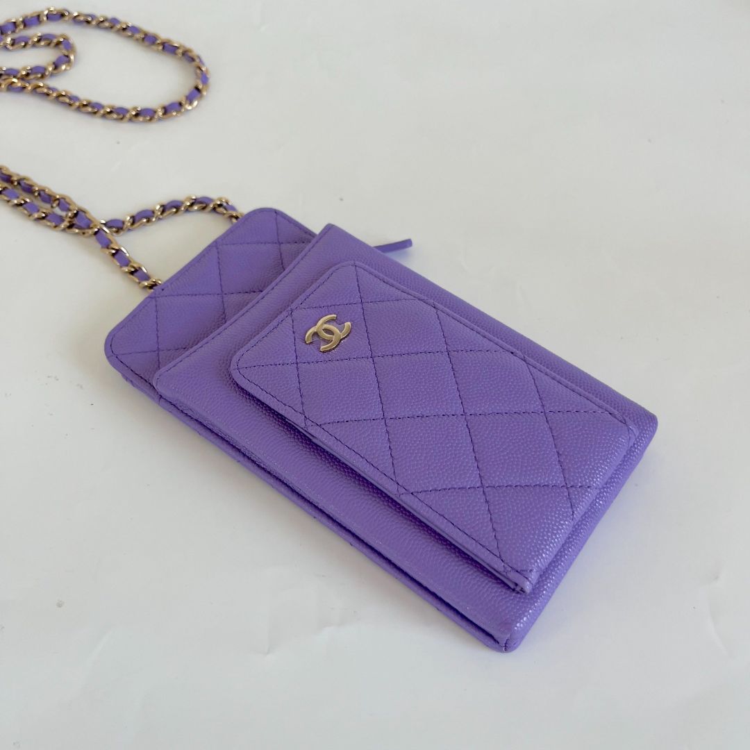 Chanel purple caviar leather compact double pouch with chain