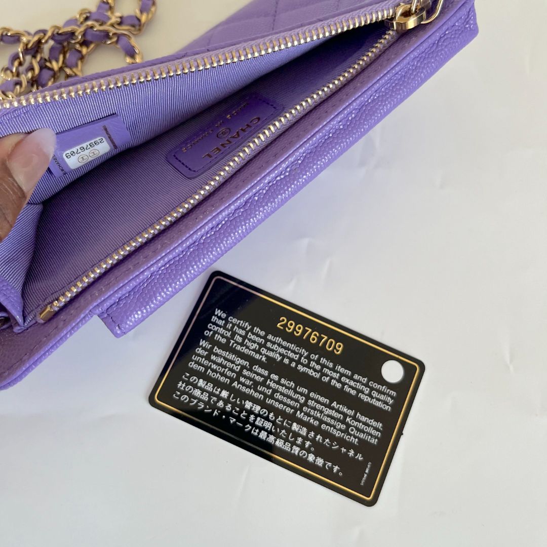 Chanel purple caviar leather compact double pouch with chain