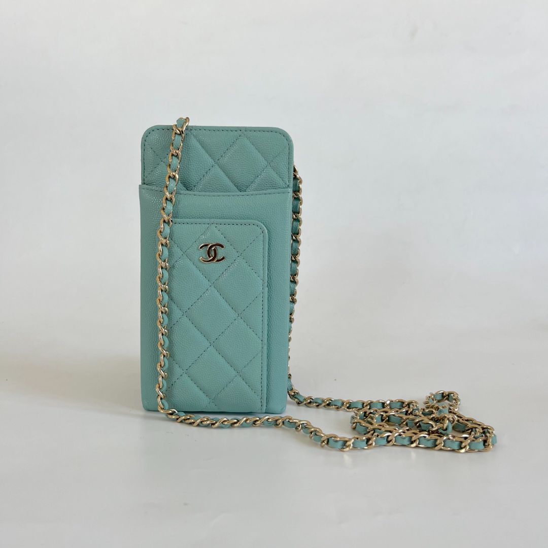 Chanel blue/green caviar leather compact double pouch with chain