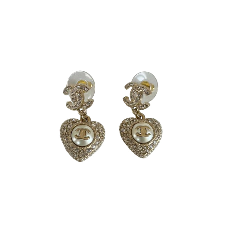 Chanel light gold heart drop earrings with crystal