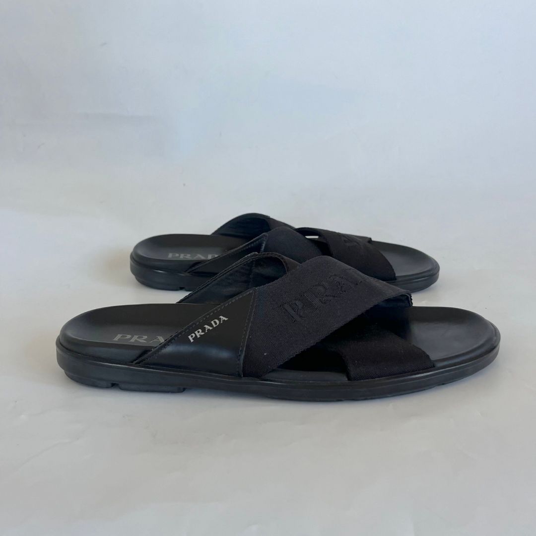 Prada Brushed leather and Re-Nylon tape crisscross slides
