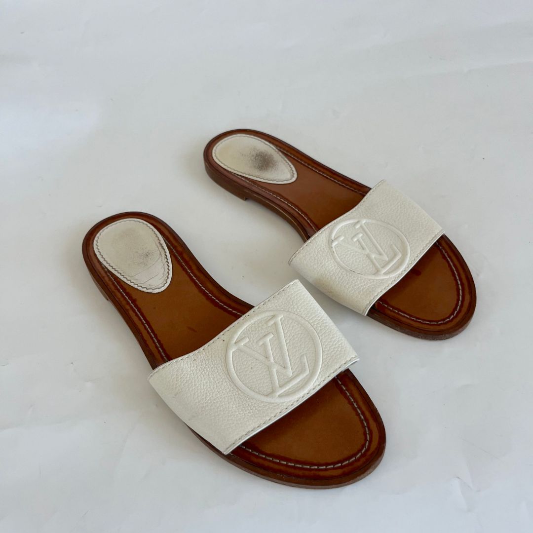 Louis Vuitton brown and white Lockit flat mules, 39