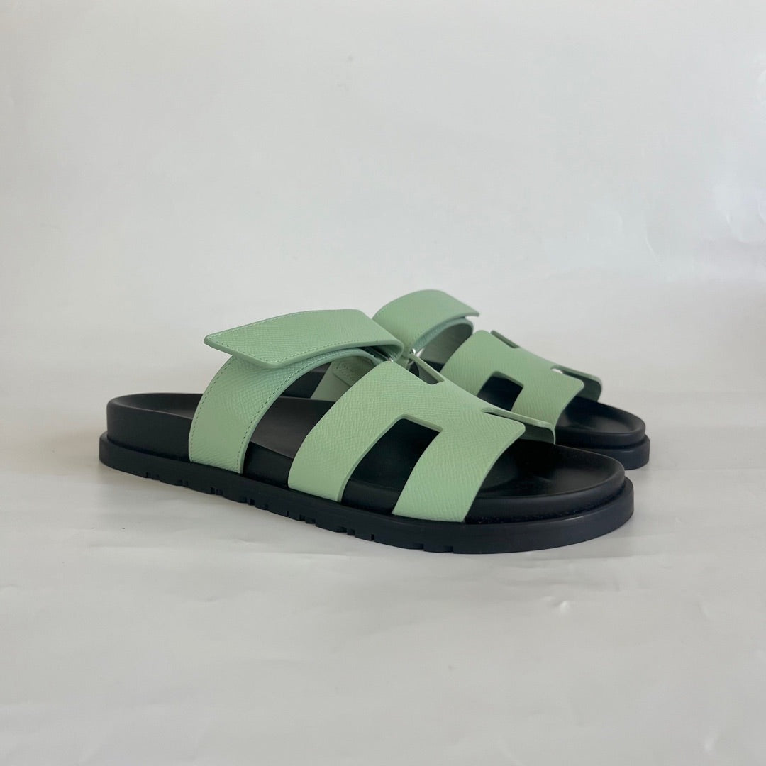 Hermès Chypre Vert Jade Epsom Leather Sandals, 37.5
