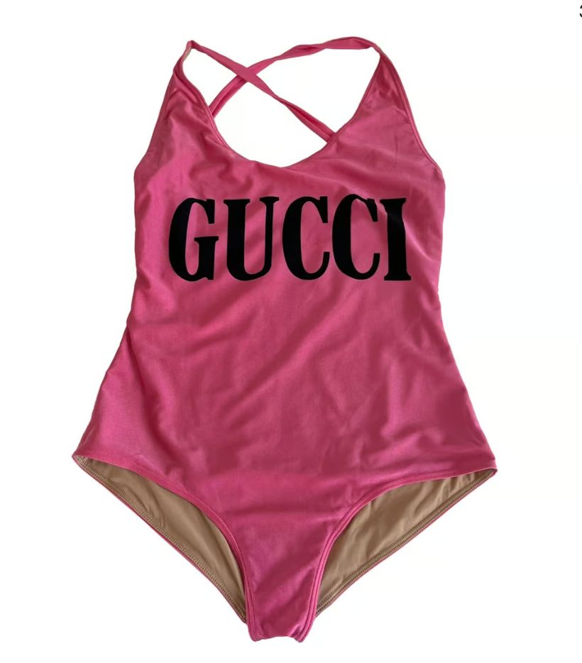 Gucci pink one piece bathing suit with GUCCI logo