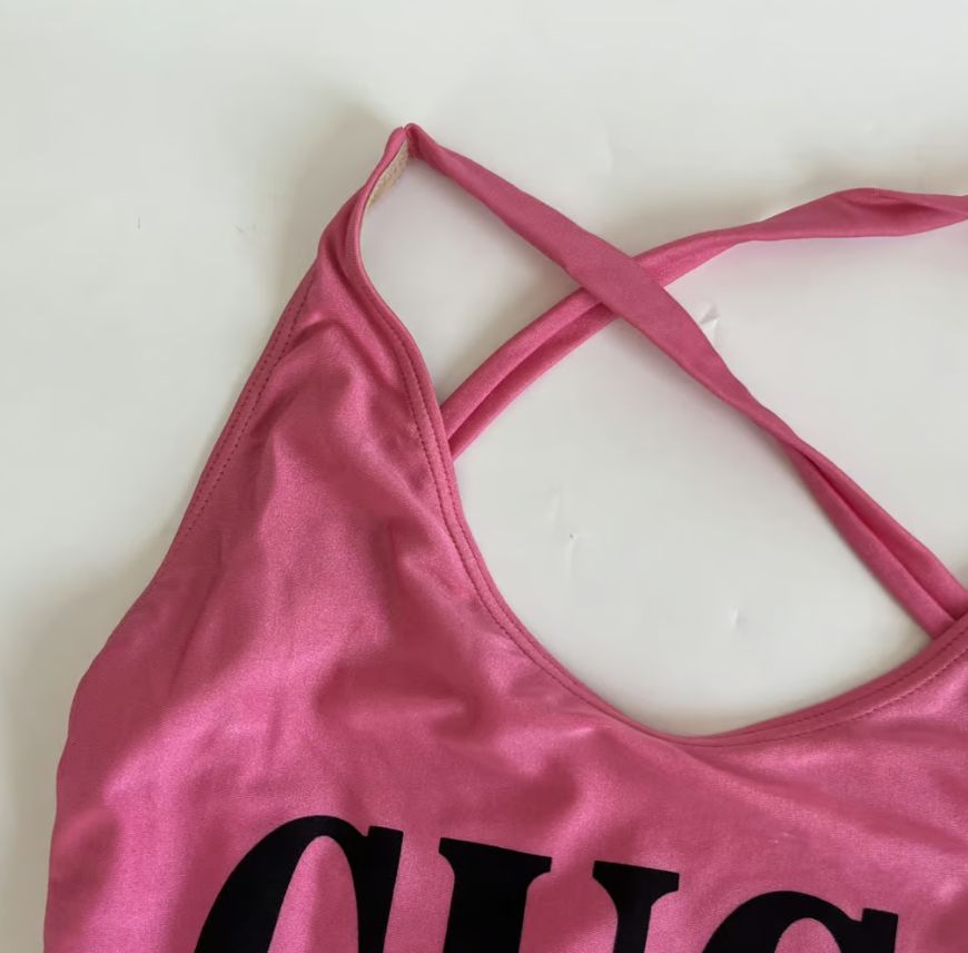Gucci pink one piece bathing suit with GUCCI logo