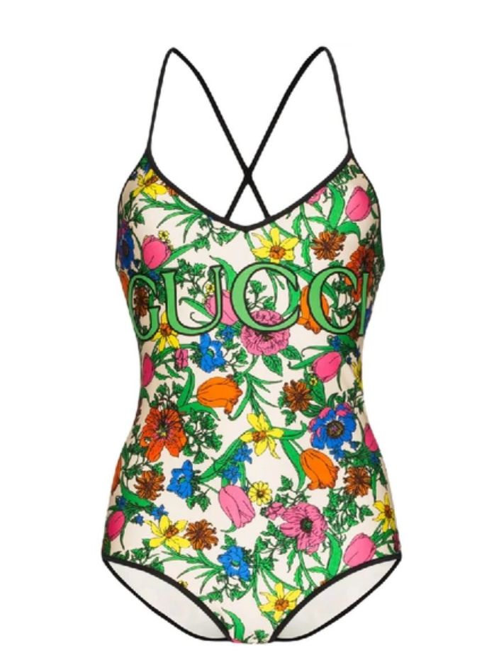 Gucci Floral Print Logo Swimsuit In Green