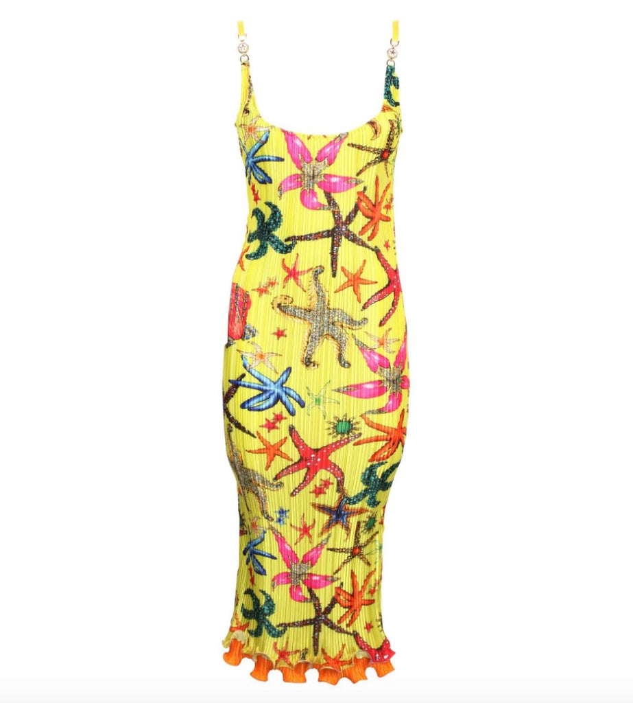 Versace yellow starfish print sleeveless plissé-twill midi