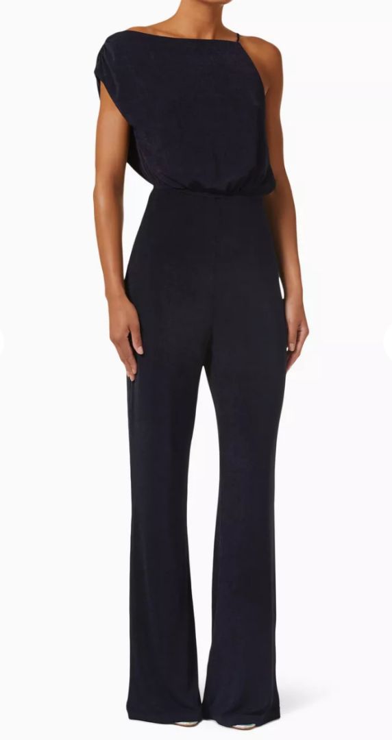 Misha Emer Off-Shoulder Asymmetric Neck Slinky Jersey Jumpsuit