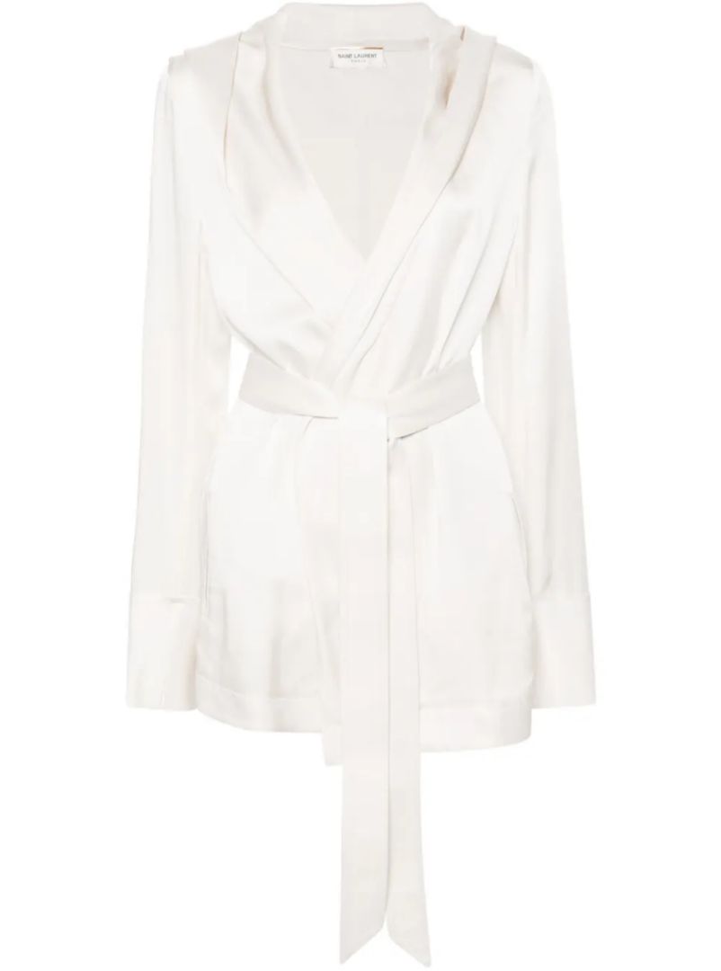 Saint Laurent Beige self-tie hooded satin jacket